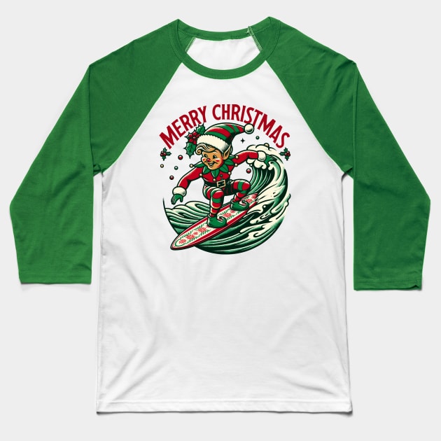 Surfing Elf Retro Christmas Cheer Baseball T-Shirt by The Tee Bizarre